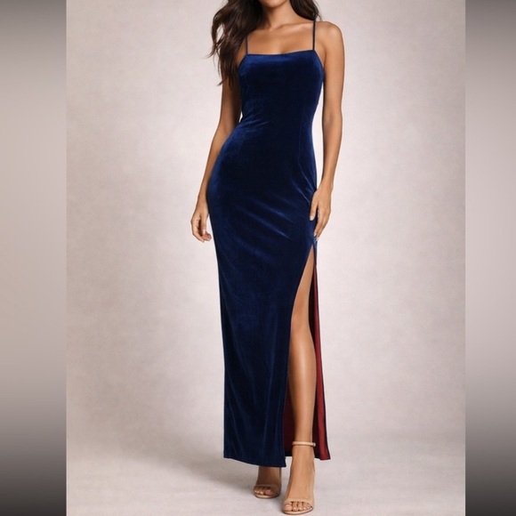 Vintage Finesse USA Blue Velvet Side Split Spaghetti Strap 90s Maxi Dress Gown M - Picture 3 of 10